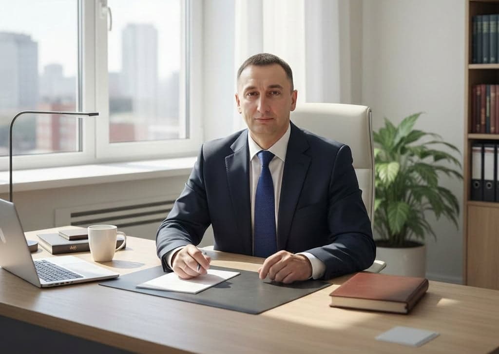 Чоловік щось пише за офісним столом, а на передньому плані надпис: Адвокат.
